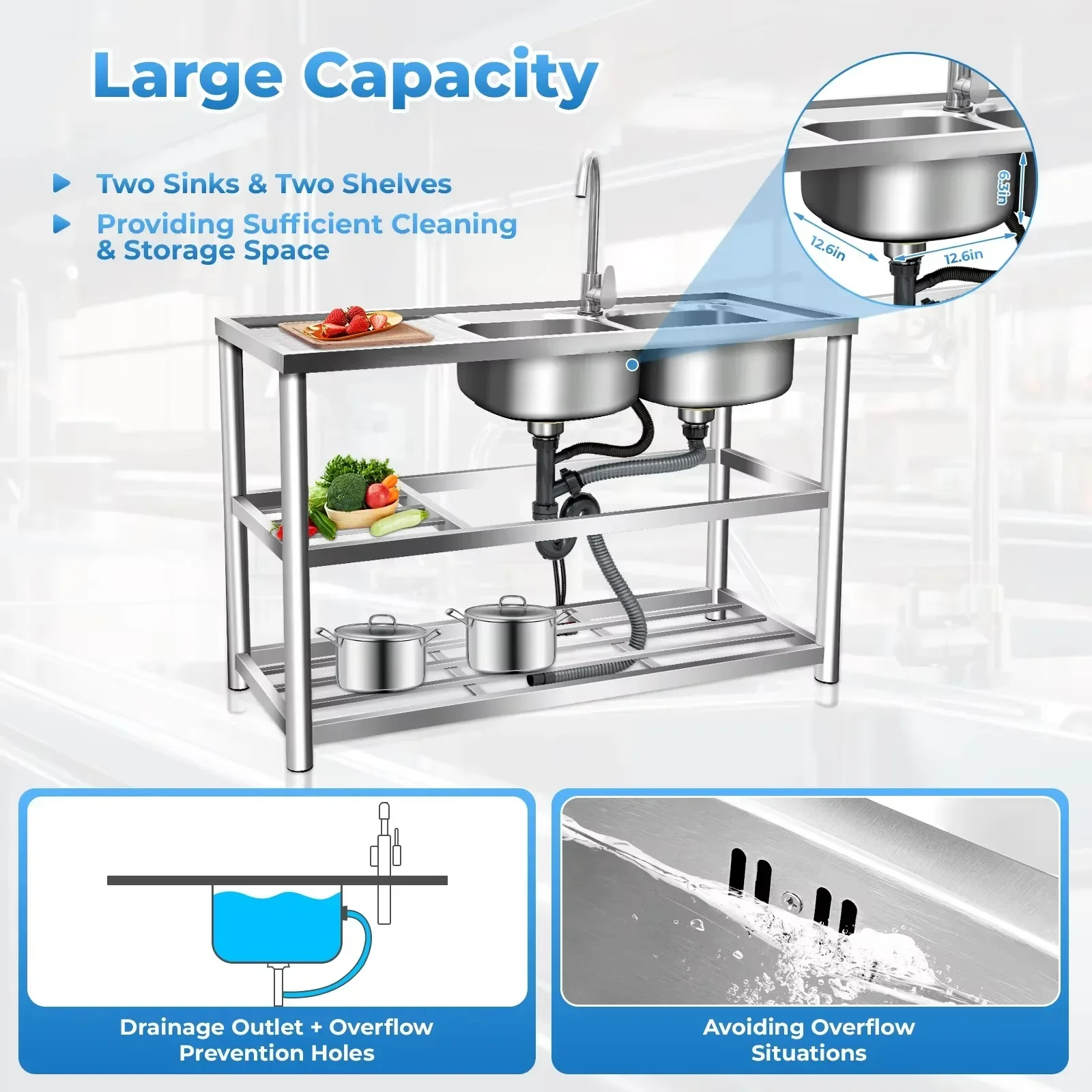 Commercial Kitchen Double Sink - NEW Freestanding Kitchen Prep Counter Utility