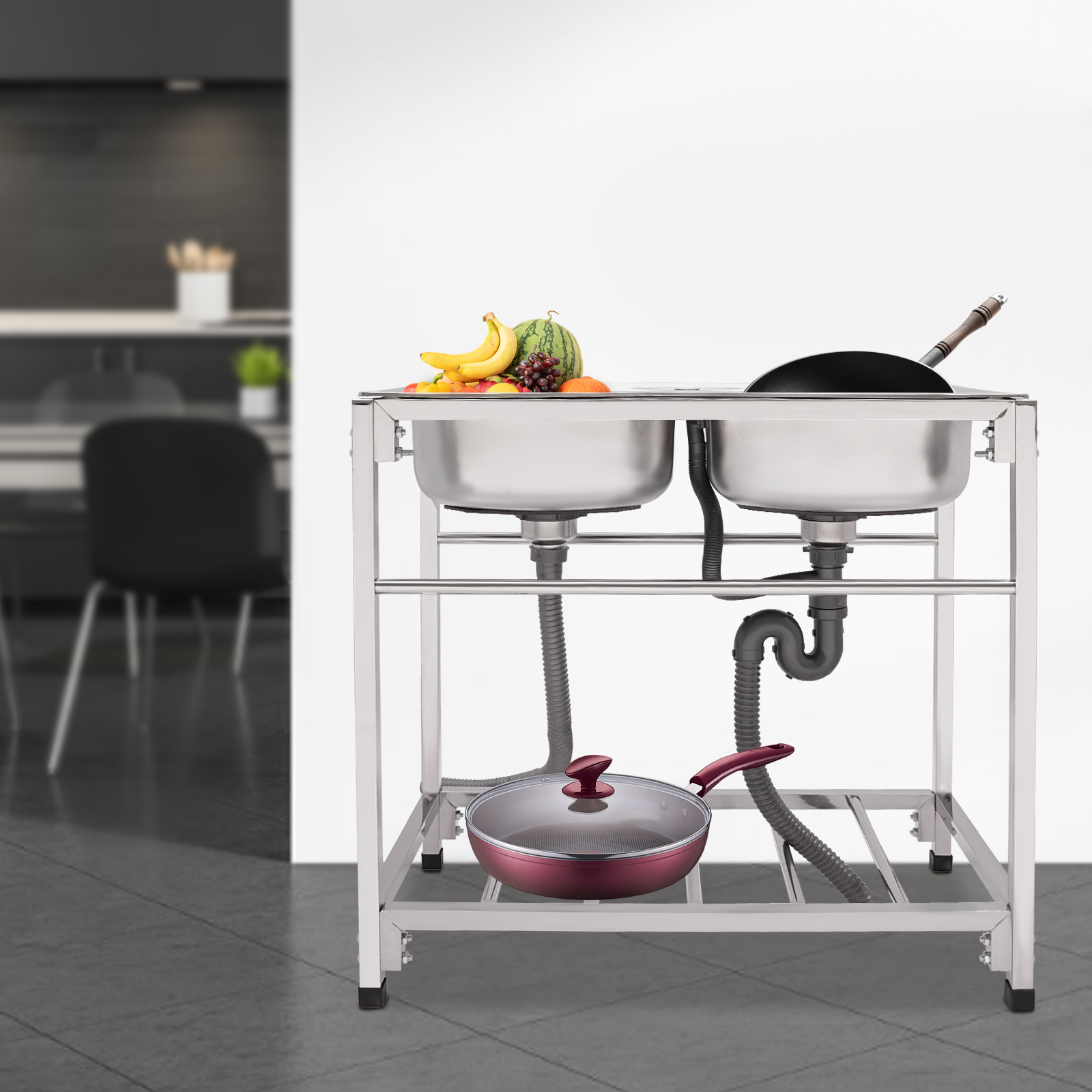 Commercial Kitchen Double Sink - Freestanding Commercial Double Sink Brushed Stainless