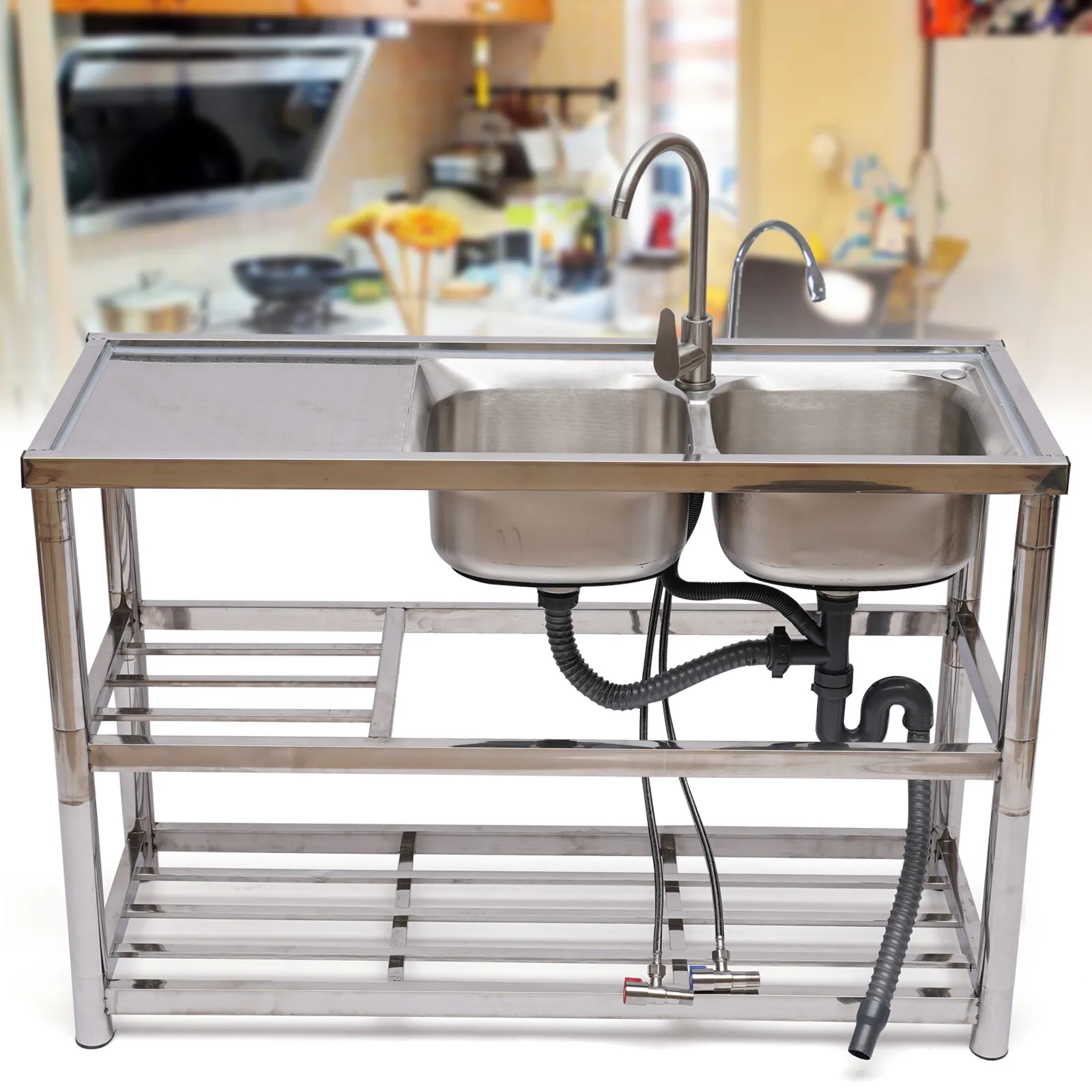 Commercial Kitchen Double Sink - Stainless Steel 2 Compartment Commercial Utility