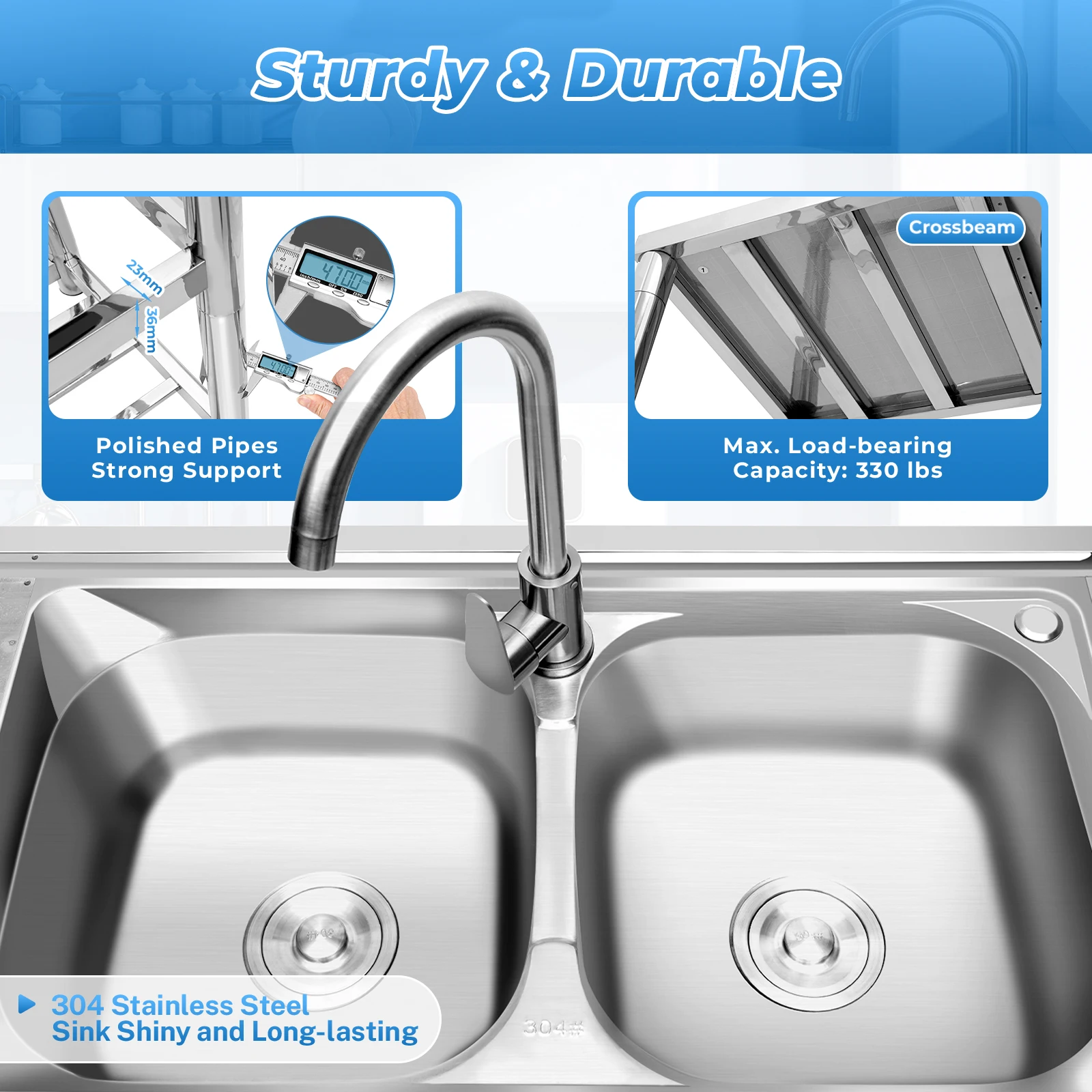 Commercial Kitchen Double Sink - Stainless Steel Sink Commercial Double Bowl