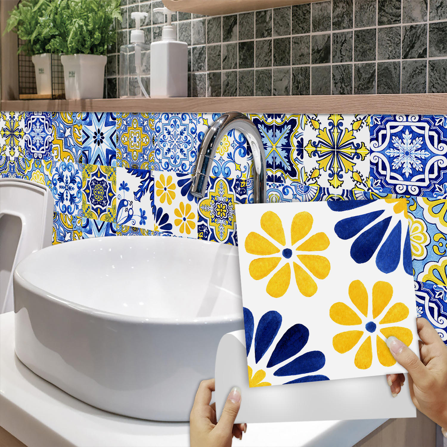 16pcs Blue Yellow Vintage Flor - Commercial Kitchen Wall 리뷰 및 가격