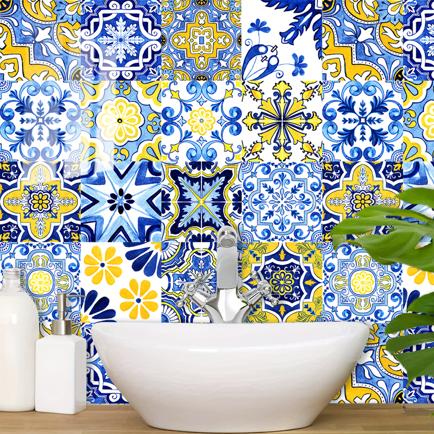 16pcs Blue Yellow Vintage Flor - Commercial Kitchen Wall 리뷰 및 가격